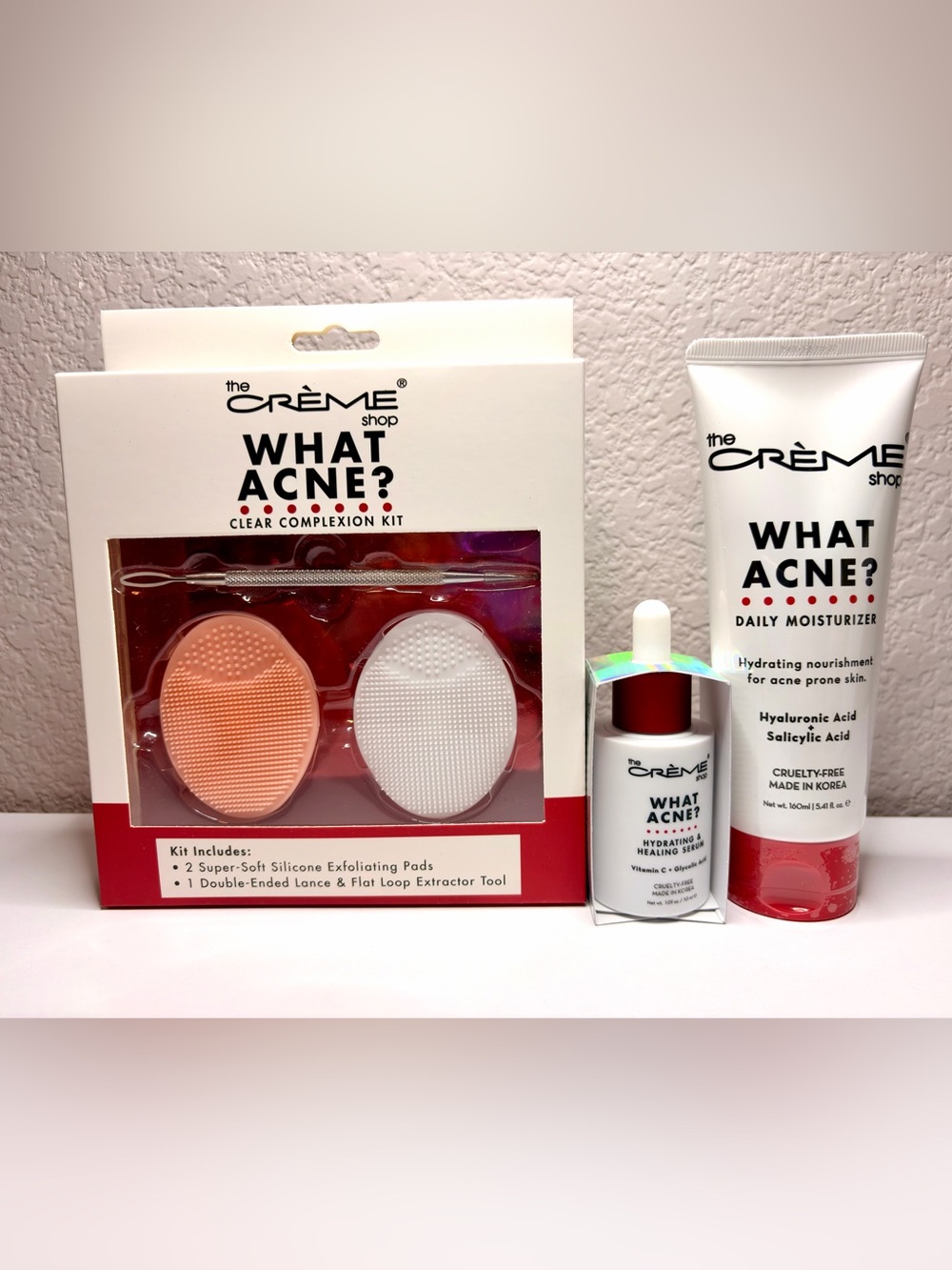 The Crème Shop What Acne? 3-Piece Acne Skincare Set Serum, Moisturizer, & Tools